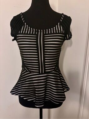bebe Black and White Striped Peplum Top